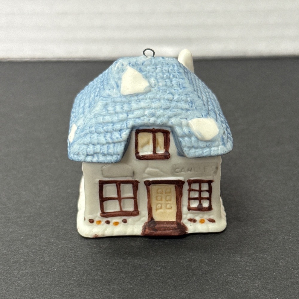 Vintage Dickens Miniature Cottage Candles House Ornament Blue Roof Hand Painted